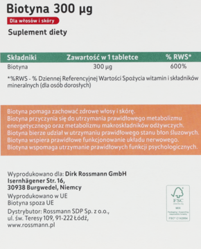 Tył opakowania suplementu diety Biotyna 300 µg z listą składników i właściwości dla włosów i skóry, białym tłem.