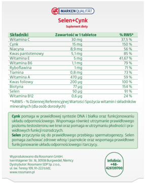 Etykieta suplementu Selen+Cynk, widok z przodu. Tło zielone, biała tabela składników i tekst. Wspomaga odporność, włosy.