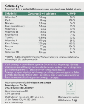 Tył opakowania suplementu Selen+Cynk z tabelą witamin i minerałów oraz opisem ich korzyści, biało-fioletowe tło.