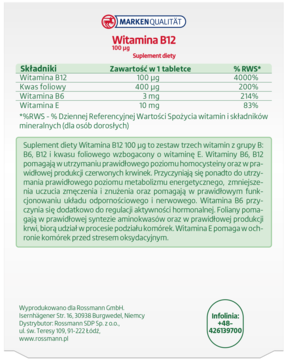 Tył białego opakowania suplementu diety Witamina B12 100µg z tabelą składników i szczegółowym opisem działania.
