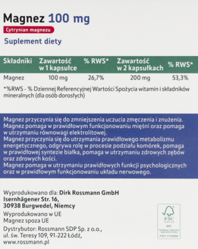 Suplement diety Magnez 100 mg cytrynian, zbliżenie na niebiesko-białą etykietę. Widoczne dawkowanie i opis działania.