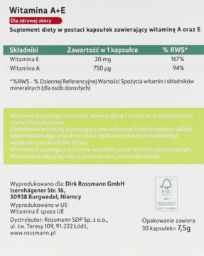 Tył opakowania suplementu Witamina A+E w kapsułkach, z tabelą składników odżywczych i informacją o producencie.