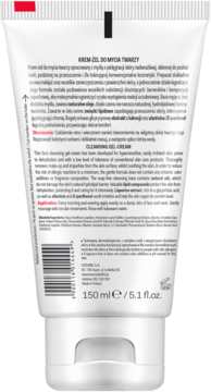 Tył białej tuby krem-żelu do mycia twarzy 150 ml, do skóry nadwrażliwej, z widocznym składem i opisem.