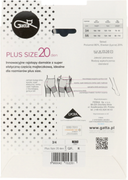 Tył opakowania rajstop Gatta Plus Size 20 den, opisujących super elastyczną część majtkową i nieuciskającą gumę w talii.