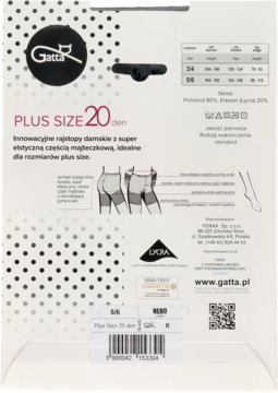 Tył opakowania rajstop Gatta PLUS SIZE 20 den, z tabelą rozmiarów i opisem produktu po polsku.