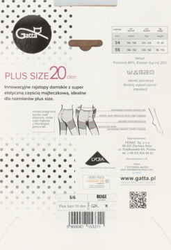 Gatta PLUS SIZE 20 den: Tył opakowania rajstop, beżowe tło z kropkami, tekst, diagramy cech i tabelka.