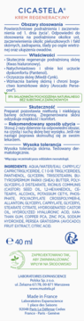 Tył białego opakowania Mustela Cicastela, krem regenerujący 40ml, widoczne informacje o składzie i użyciu.