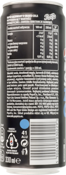 Czarna puszka Pepsi Zero z tyłu, pokazuje polskie wartości odżywcze i składniki napoju coli bez cukru.