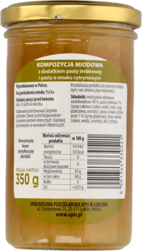 Tył słoika miodu imbirowo-cytrynowego Apis, 350g, z zieloną etykietą pokazującą skład i wartości odżywcze.