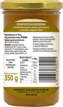 Tył słoika kompozycji miodowej z imbirem i cytryną, widoczna beżowa etykieta z ciemnym tekstem i danymi producenta.