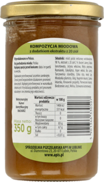 Tył słoika Apis Kompozycja miodowa z ekstraktem z 20 ziół, widoczna jasnozielona etykieta z tekstem.