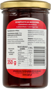 Tył słoika miodu APIS 350g, kompozycja z prawoślazu i bzu, czerwona etykieta z wartościami odżywczymi.