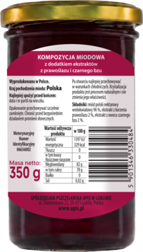 Tył słoika kompozycji miodowej Apis 350g, ciemnoczerwona etykieta z tabelą wartości odżywczych i składem.