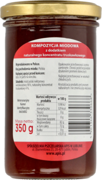 Tył słoika miodowej kompozycji truskawkowej Apis 350g, z czerwoną etykietą i widocznym składem odżywczym.
