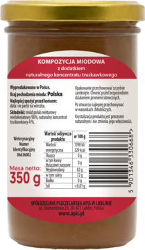 Tył słoika miodowej kompozycji truskawkowej Apis 350g, z etykietą i wartościami odżywczymi.