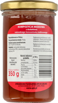 Szklany słoik kompozycji miodowej malinowej 350g, tył z czerwoną etykietą i składem.