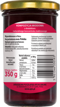 Tył szklanego słoika 350g z kompozycją miodową z malinami Apis, ciemnoróżowa etykieta z wartościami odżywczymi.