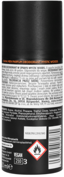 Czarny dezodorant w sprayu MEN PARFUM DEODORANT MYSTIC WOODS. Widok z tyłu, etykieta ze składem i logo VEGAN.