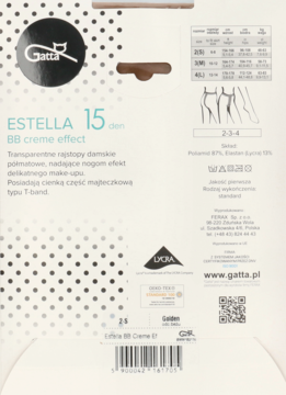 Tył opakowania rajstop Gatta Estella 15 den BB creme effect w kolorze Golden, z tabelą rozmiarów i kodem QR.