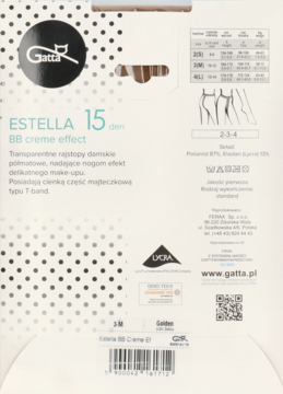 Tył opakowania rajstop Gatta Estella 15 den BB creme effect, przezroczystych, półmatowych, z T-band.