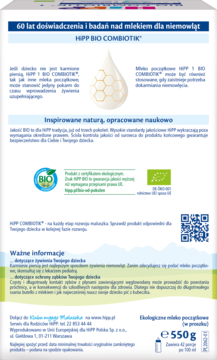 Tył opakowania mleka początkowego HiPP 1 BIO COMBIOTIK, białe, z tekstem informacyjnym i logo BIO oraz wagą 550g.