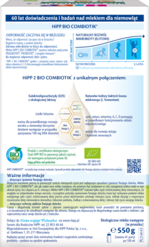 Tył opakowania HiPP 2 BIO COMBIOTIK 550g. Biała paczka z zielonymi detalami, BIO logo i tabelą składników odżywczych.