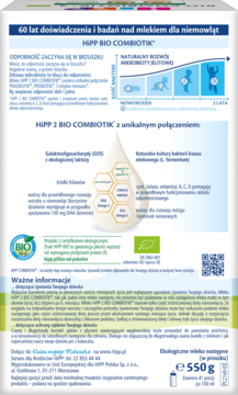 Tył opakowania HiPP 2 BIO COMBIOTIK mleka dla niemowląt 550g, z opisem składników, korzyści i certyfikatów.