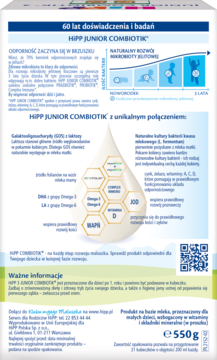 Tył opakowania HiPP JUNIOR COMBIOTIK mleka modyfikowanego, biało-niebieskie opakowanie, opis odporności jelitowej i waga 550g.