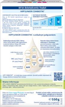 Tył opakowania mleka HiPP JUNIOR COMBIOTIK 550g z opisem składników i tabelą po polsku.