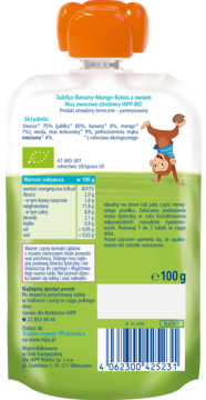 Tył opakowania musu HiPP BIO Jabłka-Banany-Mango-Kokos 100g, zielona etykieta, wartości odżywcze, małpka.