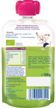 Tył zielonej saszetki musu HiPP BIO Jabłka-Mirabelki-Brzoskwinie 100g, z tabelą odżywczą i kodem kreskowym.
