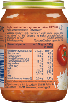 Tył słoiczka Hipp BIO Zupka pomidorowa z ryżem indykiem, widoczna etykieta z tabelą wartości odżywczej.