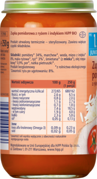 Tył słoiczka z zupką pomidorową HiPP BIO, etykieta z tabelą wartości odżywczych i składem po polsku.