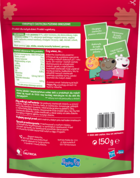 Tył czerwonej torebki ciasteczek BoboVita Peppa Pig. Chrupiące pszenno-orkiszowe dla dzieci, 150g, z informacjami.