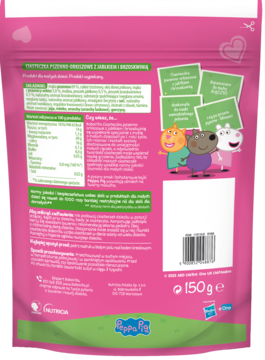 Tył różowego opakowania BoboVita Ciasteczka Peppa Pig, z tabelą wartości odżywczych i postaciami z bajki.