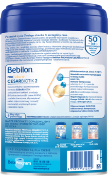 Tył niebieskiej puszki Bebilon PROfutura CESARBIOTIK 2, z informacjami o Bifidobacterium i składnikach.