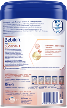 Tył puszki Bebilon PROfutura DUOBIOTIK 1, 800g, niebiesko-biała etykieta, logo 50 lat i info o formule bez oleju palmowego.