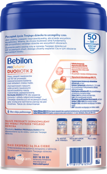 Tył niebieskiego opakowania Bebilon Profutura DUOBIOTIK 2, z białymi etykietami, pełnym opisem i kodem kreskowym.