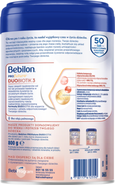 Tył niebiesko-różnego opakowania Bebilon PROfutura DUOBIOTIK 3, z polskim opisem składu i korzyści.