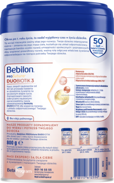 Tył niebieskiej puszki Bebilon Profutura DUOBIOTIK 3, mleka modyfikowanego 800g, z opisem składników i wsparcia odporności.