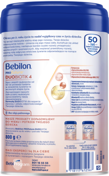 Tylna strona niebiesko-białego opakowania Bebilon PROfutura DUOBIOTIK 4 (800g), z polskimi informacjami i logo '50 lat'.
