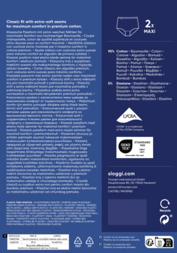 Tył ciemnoniebieskiego opakowania Sloggi Basic 2x Maxi, opis bawełnianych majtek i rysunek, rozmiar 38.