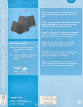 Tył opakowania sloggi Basic+ damskich majtek, rozmiar 44. Widoczne dwie pary ciemnych majtek bawełnianych z elastanem.