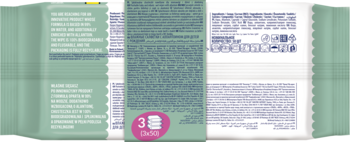 Tył zielonego opakowania chusteczek Cleanic Baby ECO Pure Water, z informacjami i ikoną 3x80 sztuk.