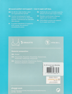 Tył turkusowego opakowania sloggi Go Allround Lace Bralette Cream XS-L z opisem składu materiału.