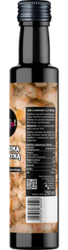 Tył czarnej butelki soku z kurkumy i cytryny 250ml. Widoczna jasna etykieta z listą składników i kodem kreskowym.