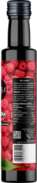 Tylny widok ciemnej butelki 250ml soku malinowego. Etykieta z czerwonymi malinami i białym tekstem.