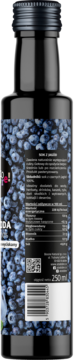 Tył butelki 100% soku z czarnych jagód 250ml. Czarna etykieta, wzór jagód, biały tekst, kod kreskowy i QR.