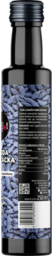 Tył czarnej butelki soku z jagód kamczackich 250 ml, z etykietą zawierającą skład i kod kreskowy.