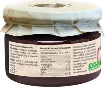 Tył słoika ciemnoczerwonego dżemu owocowego 295g. Etykieta z informacją o 80% owoców i wartościach odżywczych.